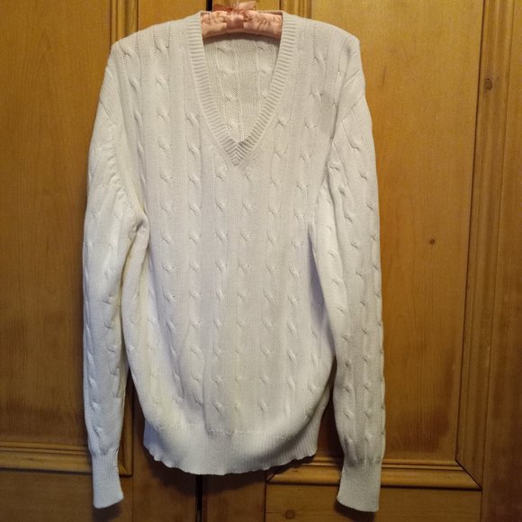 Vintage White Cable Knit Preppy V-Neck Sweater Size Large (T-331) - Picture 1 of 6